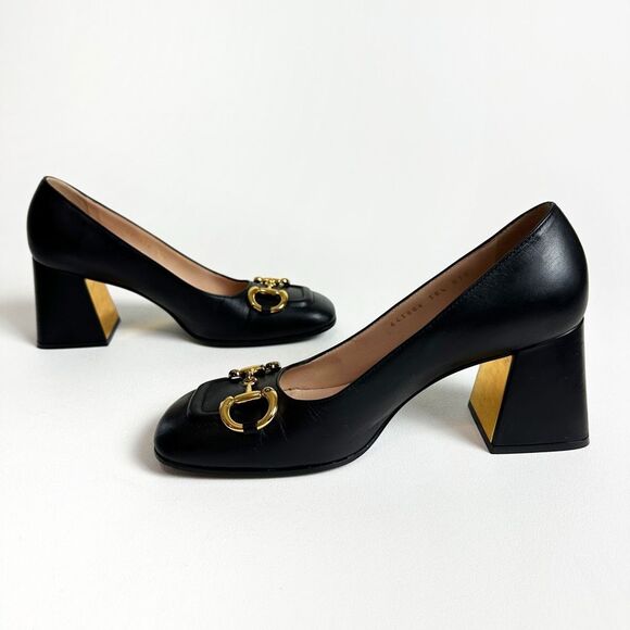GUCCI Black Baby Bit Horsebit Square Toe Pump 38.5 US 8.5 Leather Block Heel - Picture 11 of 15